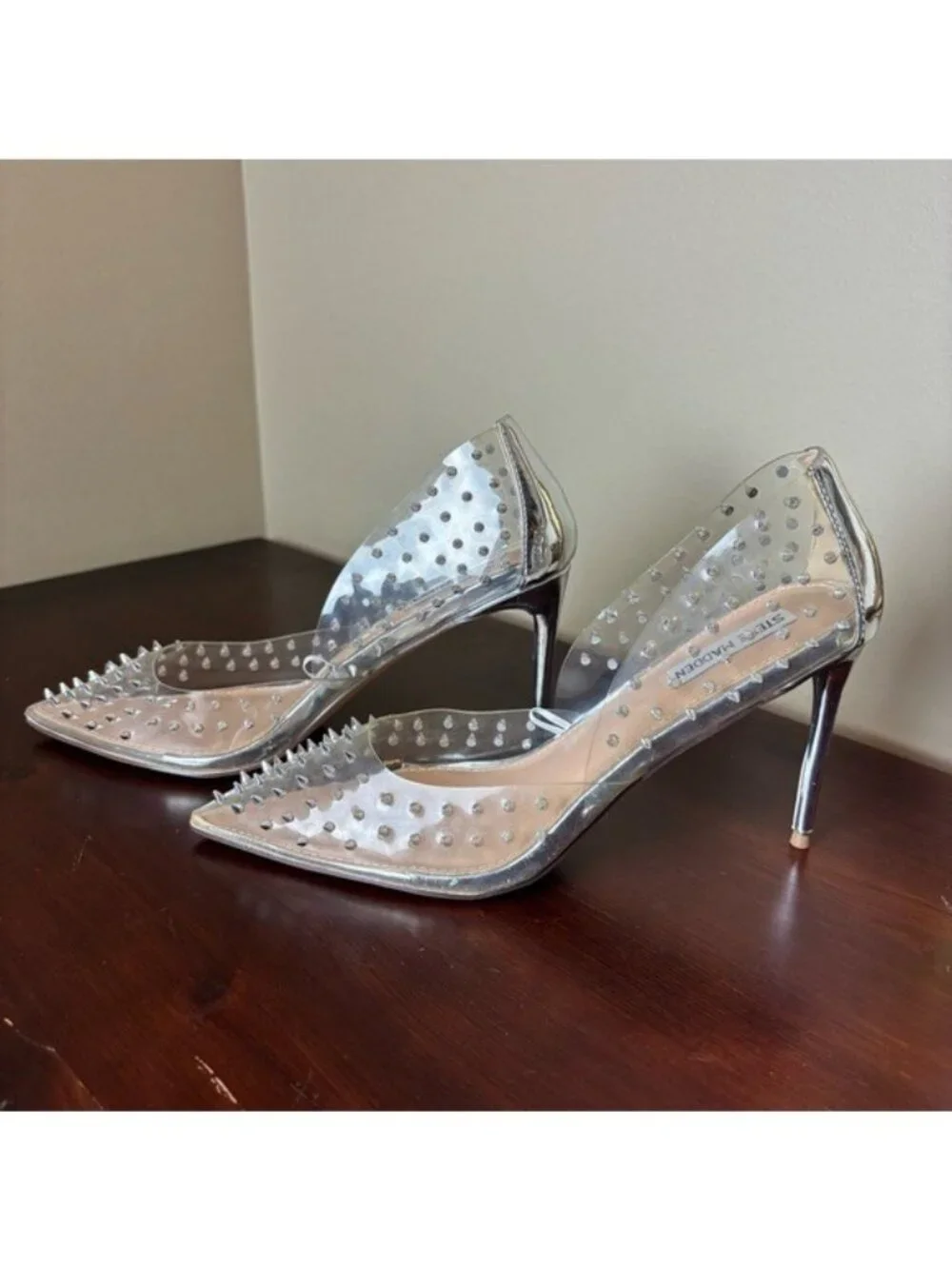 Steve‎ Madden Vala Silver Spike Stud Clear Stiletto 4